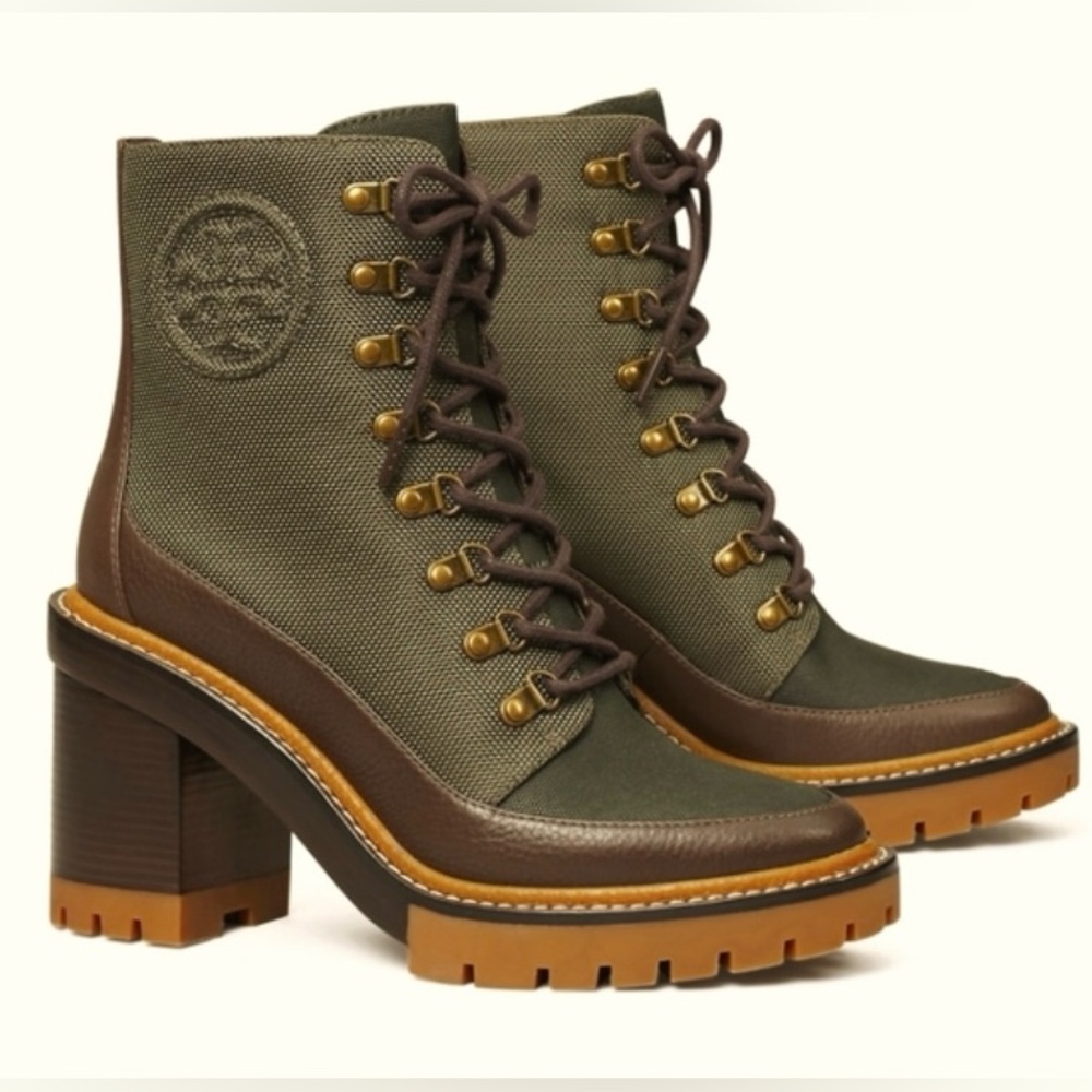 Tory Burch Miller Lug-Sole Textured Shell Pebble Leather Laced Heeled Boots 7.5